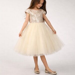 Girls Sequin Bodice Tulle Dress in Champagne